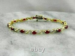 10Ct Oval Lab Created Red Ruby & Diamond Tennis Bracelet 14K Yellow Gold Finish