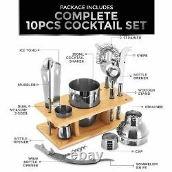10pc Cocktail Maker Set Shaker Glass Bar Spoon Strainer Tong Bottle Opener Stand