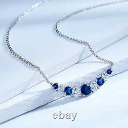 2 CT Round Blue Sapphire Bar Journey Pendant Necklace In 14K White Gold Finish
