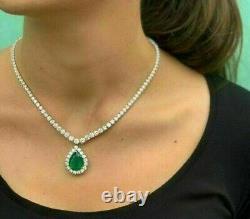20.53Ct Pear Cut Green Emerald & Diamond 14K White Gold Over 18 Tennis Necklace