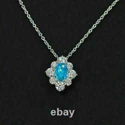 2Ct Oval Cut Natural Blue Topaz Halo Flower Pendant 14K White Gold Silver Plated