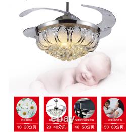 42 Chrome Silver Remote Invisible Ceiling Fan Lamp Crystal LED Chandelier Light