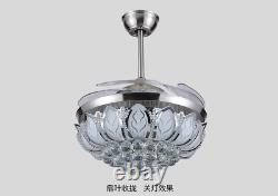 42 Chrome Silver Remote Invisible Ceiling Fan Lamp Crystal LED Chandelier Light