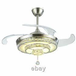 42Chrome Crystal 3-Color LED Light Chandelier Remote Invisible Ceiling Fan Lamp