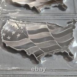 5 oz. 999 Silver US Map Wavy American Flag Shaped Art Bar Old Glory USA NEW