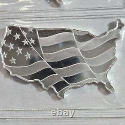 5 oz. 999 Silver US Map Wavy American Flag Shaped Art Bar Old Glory USA NEW