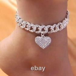 8.00CT Round Cut Real Moissanite Heart Chain Anklet 14K White Gold Finish