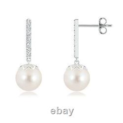 8MM Freshwater Pearl and Diamond Bar Drop Earrings in 925 Sterling Silver