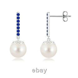 8MM Freshwater Pearl and Sapphire Bar Drop Earrings in 925 Sterling Silver