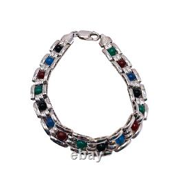 925 Solid Sterling Silver Bead Multi Colored Stone Bracelet 7.25 Inches (4145)