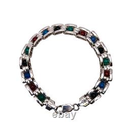 925 Solid Sterling Silver Bead Multi Colored Stone Bracelet 7.25 Inches (4145)