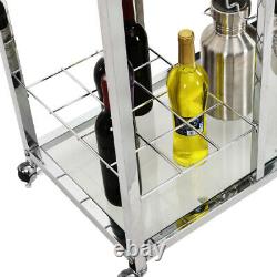 Contemporary Chrome Bar Serving Cart Silver Glass Metal Frame Wine Storage