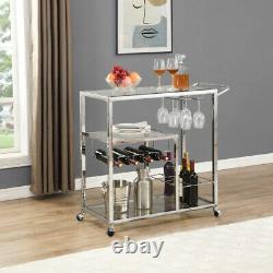 Contemporary Chrome Bar Serving Cart Silver Glass Metal Frame Wine Storage