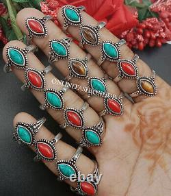 Coral, Turquoise Gemstone 925 Sterling Silver Plated Wholesale Lot Marquish Rings