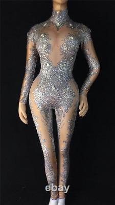 Flashing Silver Rhinestones Jumpsuit Celebrate Bar Outfit Dance Leggings Outfit