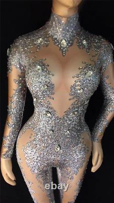 Flashing Silver Rhinestones Jumpsuit Celebrate Bar Outfit Dance Leggings Outfit
