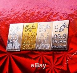 Gold, Silver, Platinum, Palladium, 5GRAIN Combo BULLION MINTED FOUR Bars