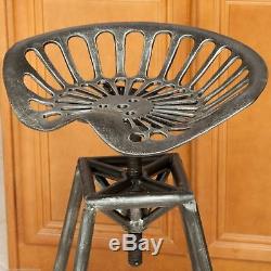 Industrial Metal Design Adjustable Height Tractor Seat Bar Stool in Aged Silver