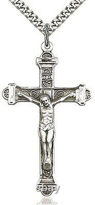 Mens Crucifix Pendant Silver Accents Cross Bar Edges 24in Sterling Silver Chain