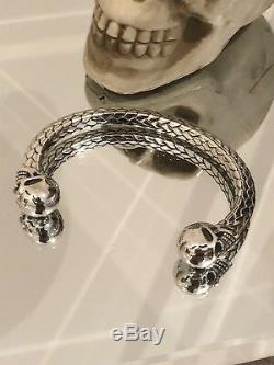 Mens Heavy 925 Sterling Silver Skull Head woven Torque Bangle Cuff Bracelet