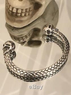 Mens Heavy 925 Sterling Silver Skull Head woven Torque Bangle Cuff Bracelet