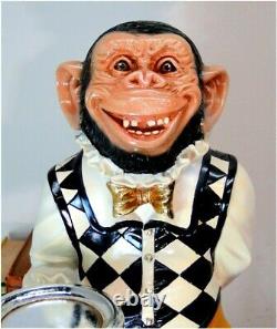Monkey Butler Ape Statue w Silver Tray Suit Bow Tie for Bar Kitchen 2 Foot