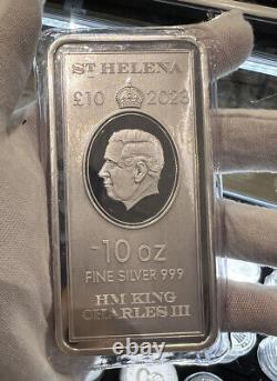 NEW 2023 10 Pound St. Helena Silver KING Charles 10 oz Silver Bar BU In Pouch