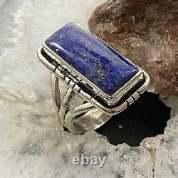 Native American Sterling Silver Lapis Bar Ring Size 9 For Women