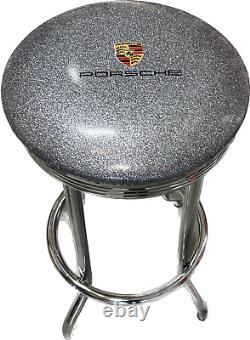 Porsche Bar Stool Chrome Metal Swivel Seat Themed Logo Stools Man Cave Game Room