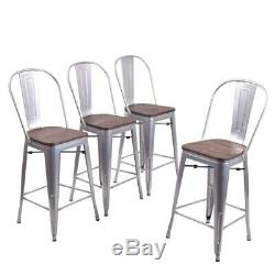 Set of 4 Metal Bar Stools 26 Bar Chairs Counter Height High Back Wooden Silver
