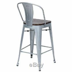 Set of 4 Metal Bar Stools 26 Bar Chairs Counter Height High Back Wooden Silver