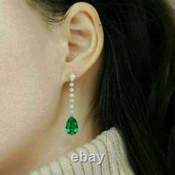 Sparkling 4Ct Pear Green Emerald Bar Drop/Dangle Earrings in 925 Silver