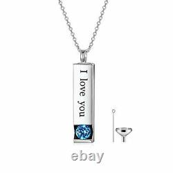 Sterling Silver 3D Bar Blue CZ Urn Necklace Ashes Cremation Pendant I Love You