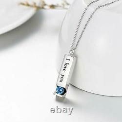 Sterling Silver 3D Bar Blue CZ Urn Necklace Ashes Cremation Pendant I Love You