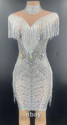 Women Sexy Sparkly Silver Rhinestone Fringe Transparent Short Bar Mesh Dress