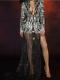 Women Stylish Printed Rhinestones Mesh Tailing Slim Coat Bar Stage Costume Dress