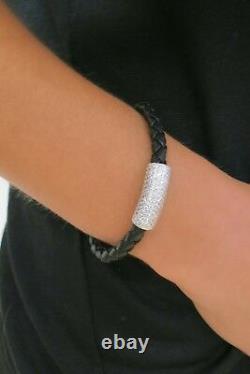 Women's Sterling Silver Bar Leather Bracelet Black